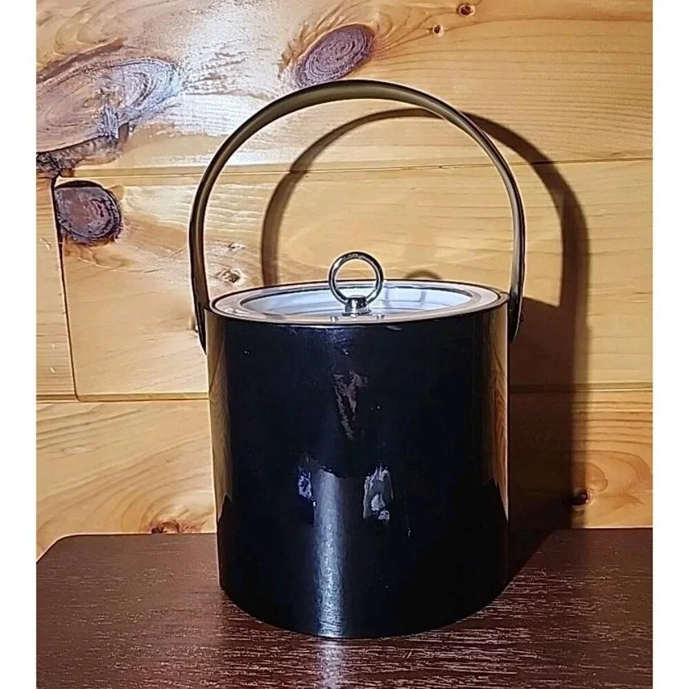 Georges Briard Black Faux Leather Ice Bucket Vintage 1960’s Lucite Lid U.S.A.
